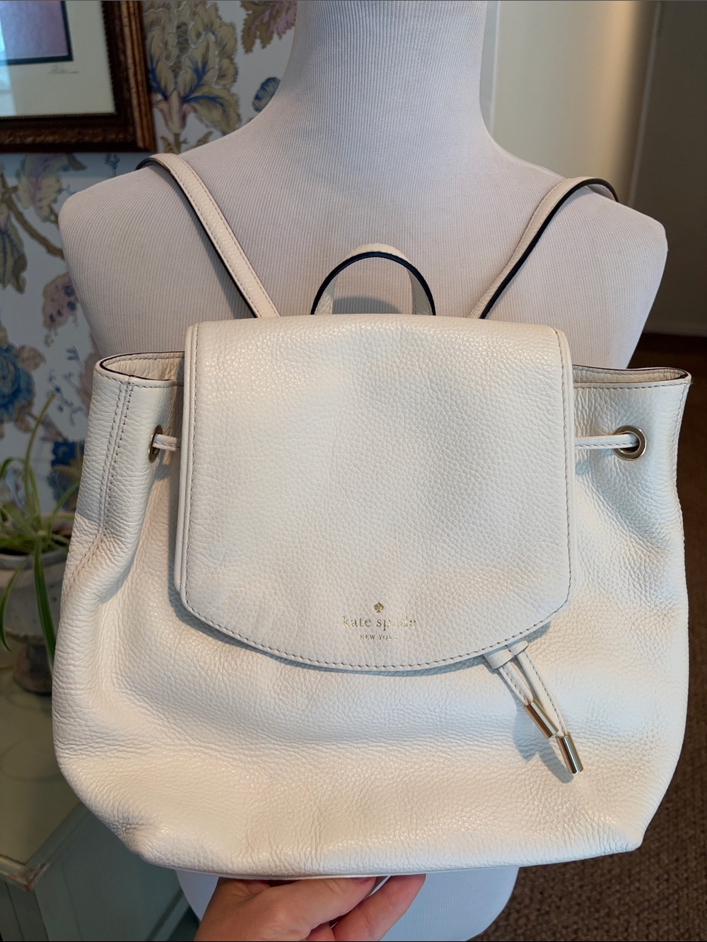 kate spade New York White Pebbled Leather Drawstring Backpack